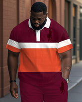 Red Colorblock Chest Logo Jacquard Casual Polo Shirt Trousers Suit Men's Plus Size